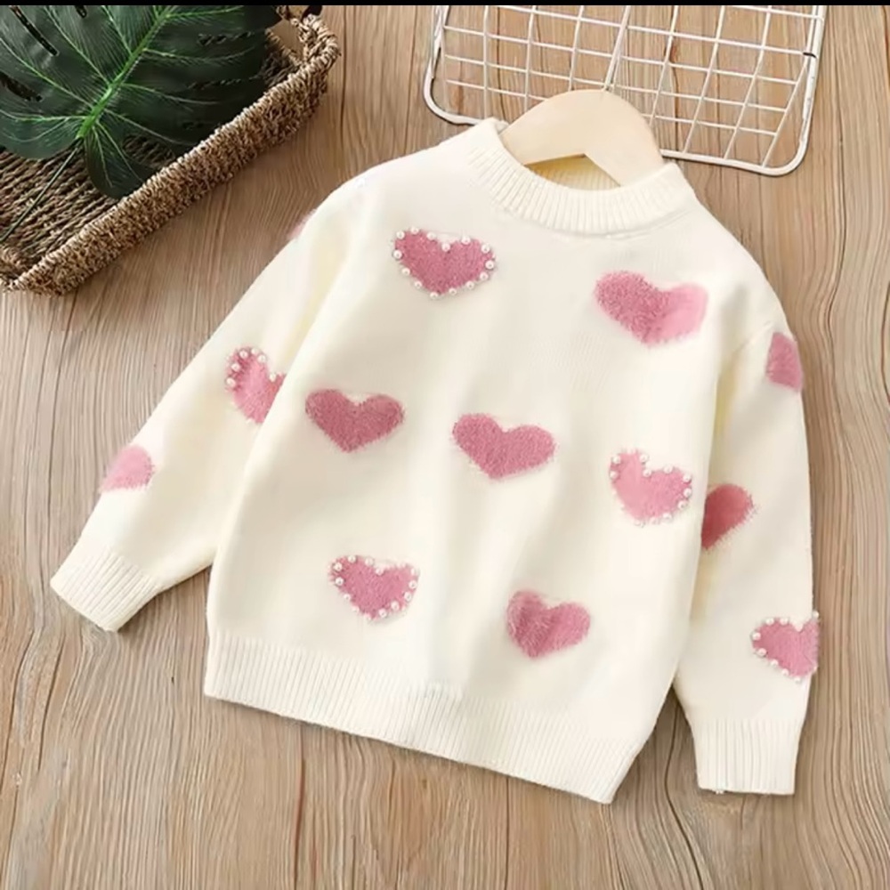 Girls Cream Sweater with Pink Heart Accents